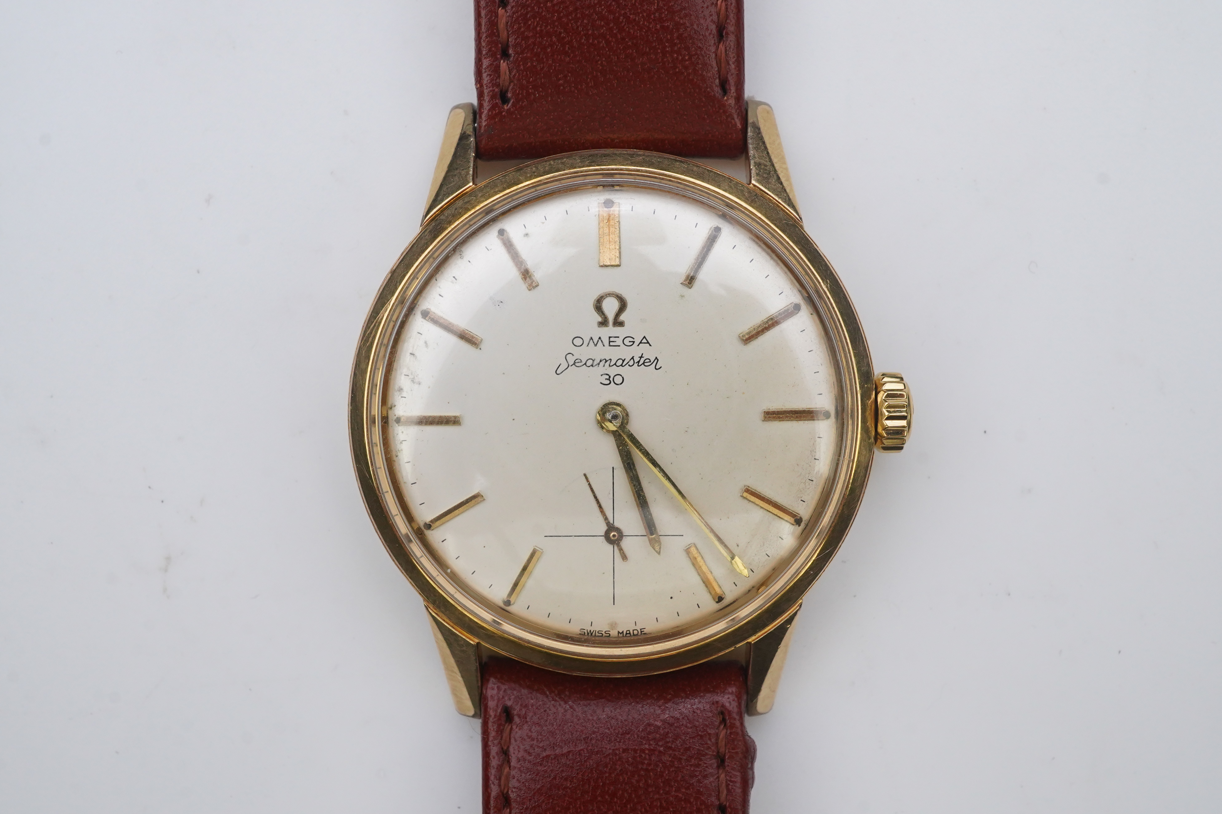 A gentleman's steel and gold plated Omega Seamaster 30 manual wind wrist watch, on a later associated leather strap